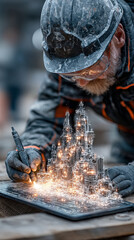 Poster - Futuristic city model with glowing lights being designed by engineer wearing safety helmet and gloves
