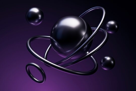 Abstract rendering of metallic spheres and rings on purple background silhouette