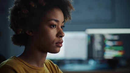 Focused Black Woman with Afro Coding On Computers in Dim Room Wearing Yellow Shirt