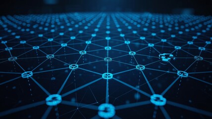 Poster - A blue network grid pattern with interconnected nodes and lines creating a futuristic technology feel