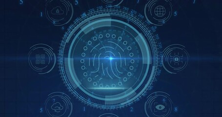 Poster - DATA PROTECTION glowing shrinking pulsing rings fingerprint icon orbiting for security display