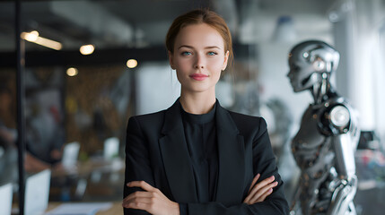 Poster - Businesswoman crossing arms with robot in background in modern office