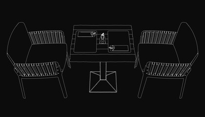 Poster - A black and white contour drawing of a table and two chairs, with scattered objects on the surface. The dark background creates a mysterious and moody atmosphere.