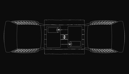 Poster - Two white contour chairs and a table are illustrated in a minimalist top-down view against a solid black background. The chairs feature clean outlines with visible legs and backrests