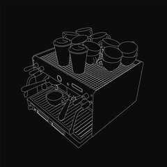 Poster - A black and white contour illustration of a coffee machine with cups placed on top, featuring clean lines and bold contrasts. The dark background emphasizes the minimalist design.