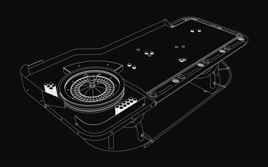 Poster - A black and white roulette table illustration with scattered coins stands out in high-contrast contour style against a dark backdrop. The minimalist casino-themed design features clean lines, crisp.