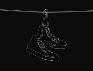 Poster - A pair of sketched sneakers hangs on a rope against a black background, with detailed laces and soles clearly visible. The clean contour lines emphasize the shoe design.