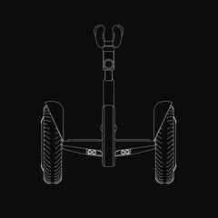 Poster - A sleek black and white hoverboard illustration features two wheels and a handlebar, resembling a futuristic segway. The contour design stands out against a solid black background for high contrast.