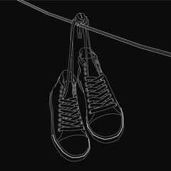 Aufkleber - A pair of sketched sneakers hangs from a rope against a black background, featuring detailed laces and visible sole contours. The clean outline highlights the shoe design with precision.