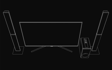 Poster - Flat screen TV on black background with contour line art of a home theater system. The illustration includes connected speakers and a remote for a complete setup.