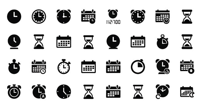 A set of various simple, black and white icons representing business, office, and time.