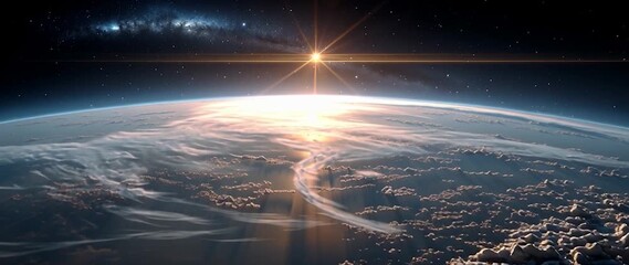 Wall Mural - anamorphic video beautiful sunrise on earth. view from space. starry sky