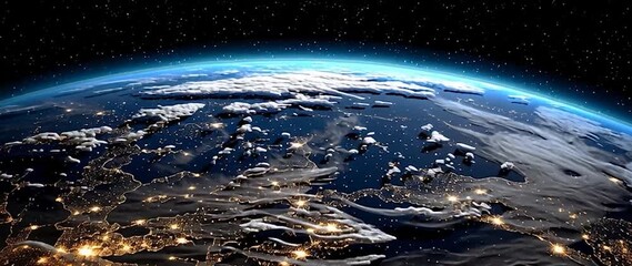 Wall Mural - anamorphic video space view of earth at night with lots of light