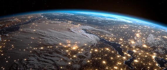 Wall Mural - anamorphic video space view of earth at night with lots of light