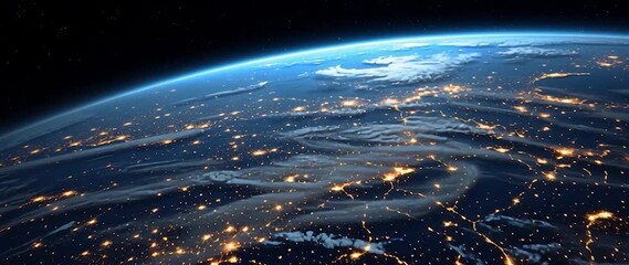 Wall Mural - anamorphic video space view of earth at night with lots of light