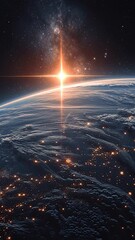 Wall Mural - vertical video beautiful sunrise on earth. view from space. starry sky