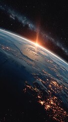 Wall Mural - vertical video beautiful sunrise on earth. view from space. starry sky