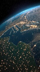 Wall Mural - vertical video space view of earth at night with lots of light