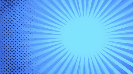 Poster - Bright blue radial burst background with halftone dots on the left side, creating a vibrant and dynamic visual effect for graphic design and creative projects