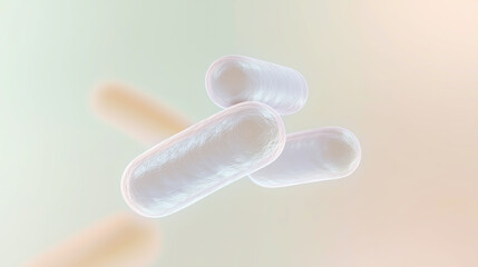 Poster - Abstract illustration of three elongated, translucent shapes resembling bacteria floating against a soft gradient background, symbolizing microbiology and scientific exploration