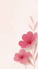 Poster - Beautiful pink flowers with delicate petals and soft green leaves are artistically arranged on a light pastel background, creating a serene and elegant floral composition
