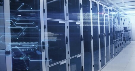 Poster - Starting camera panning along glass-fronted racks while circuit overlays pulsing to show data flow