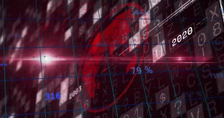 Poster - Data cells emerging over grid starting red globe rotating and pulsing while illustrating timeline