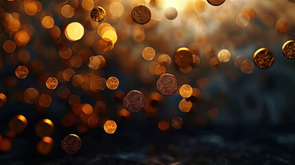 Poster - Golden bokeh texture with dreamy blurred lights creates mesmerizing atmosphere, evoking feelings of warmth and wonder. shimmering circles float gracefully, enhancing visual appeal