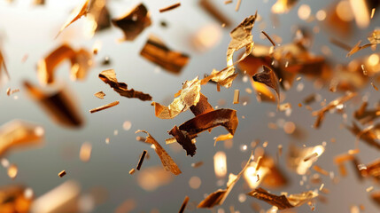 Poster - Golden confetti flying over elegant white background creates festive atmosphere, perfect for celebrations and special occasions. shimmering pieces add touch of glamour and joy