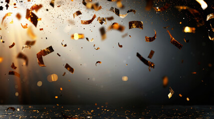 Poster - Golden confetti flying over elegant white background creates festive atmosphere, perfect for celebrations and special occasions. shimmering particles add touch of glamour and joy