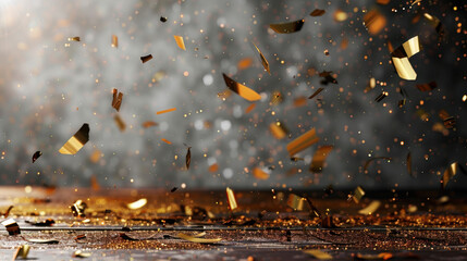 Poster - Golden confetti flying over elegant white background creates festive atmosphere, perfect for celebrations and special occasions. shimmering pieces reflect light beautifully, enhancing joyful mood