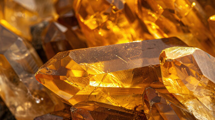 Poster - Golden crystal cluster texture in zoomed in detail, showcasing vibrant hues and intricate facets of crystals. warm tones evoke sense of natural beauty and elegance