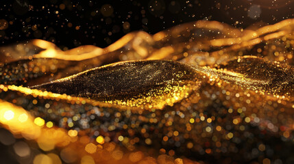 Poster - Golden glitter waves flowing across glowing background create mesmerizing visual effect. shimmering particles evoke sense of luxury and elegance, captivating viewer attention