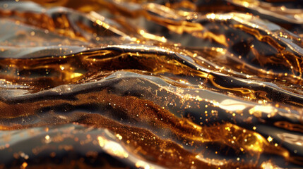 Poster - Golden glitter waves create mesmerizing visual with soft depth of field, evoking sense of luxury and elegance. shimmering surface reflects light beautifully, enhancing overall aesthetic