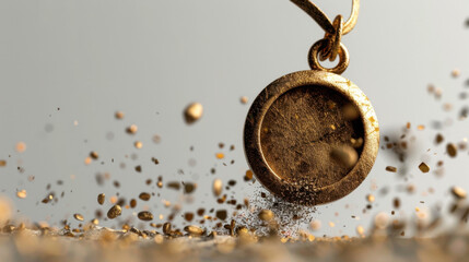 Poster - Golden medal is suspended in air, surrounded by sparkling particles and dust, creating dynamic and captivating visual effect. scene evokes sense of achievement and celebration
