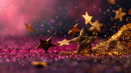 Poster - Golden star confetti flying on pink glitter background creates festive atmosphere, perfect for celebrations and special occasions. shimmering effect adds touch of magic and joy