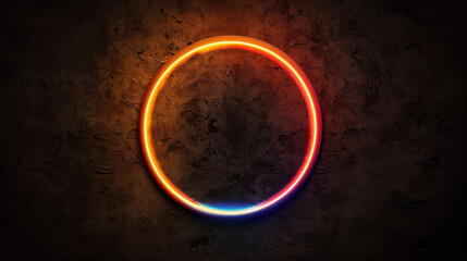 Poster - Vibrant circular neon light glowing against textured dark background, creating striking visual contrast. colors transition smoothly from orange to blue, evoking sense of modernity and creativity
