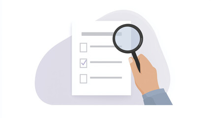 Poster - Hand holding a magnifying glass over a checklist document with checkmarks, emphasizing attention to detail and thoroughness in task completion and evaluation process