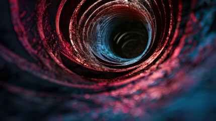 Poster - Mesmerizing view of swirling tunnel, showcasing vibrant red and blue hues that create captivating atmosphere. intricate textures and patterns evoke sense of depth and mystery, drawing viewer into