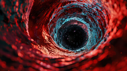 Poster - Vibrant and abstract representation of tunnel like structure, showcasing swirling red and blue colors with dark center, evoking sense of depth and mystery. visual effects create dynamic