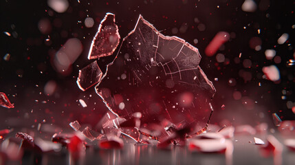 Poster - Shattered glass fragments create dramatic scene with dark background and red highlights, evoking sense of chaos and intensity. intricate details of glass add depth to composition