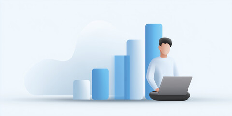 Poster - Illustration of a young man sitting on the floor with a laptop, analyzing data trends represented by blue bar graphs against a soft cloud background, symbolizing digital growth