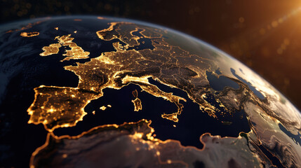 Poster - Stunning holographic projection of Earth showcases Europe illuminated at night, highlighting cities and landscapes with vibrant lights. This captivating view emphasizes beauty of our planet