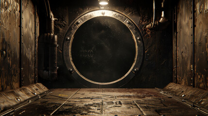 Poster - Detailed view of metallic vault door with circular window, set in dimly lit, industrial environment. walls are textured with rust and grime, creating mysterious atmosphere