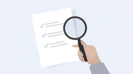 Poster - Hand holding magnifying glass over checklist paper with check marks, emphasizing attention to detail and thoroughness in task completion and quality assurance process