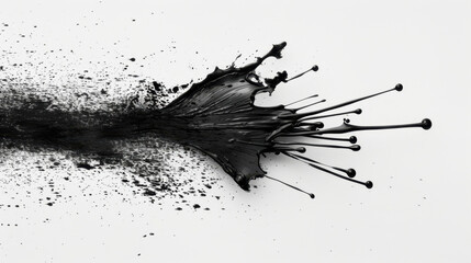 Poster - Black ink splatter creates dynamic and chaotic texture on clean surface, showcasing beauty of fluid motion and artistic expression. contrast emphasizes vividness of ink