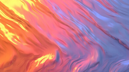 Poster - Iridescent holographic background with smooth surface, featuring vibrant colors of orange, pink, and blue, creating mesmerizing and dynamic visual effect