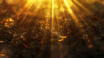 Poster - Golden light rays illuminate textured surface, creating dreamy atmosphere filled with sparkling droplets. warm tones evoke sense of tranquility and wonder