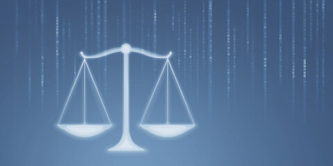 Poster - digital illustration of balanced scales symbolizing justice and fairness, set against a blue backgro