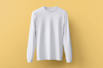 Poster - Long-sleeve white t-shirt mock up displayed against a vibrant yellow background, showcasing a clean design ideal for branding and promotional purposes with copy space